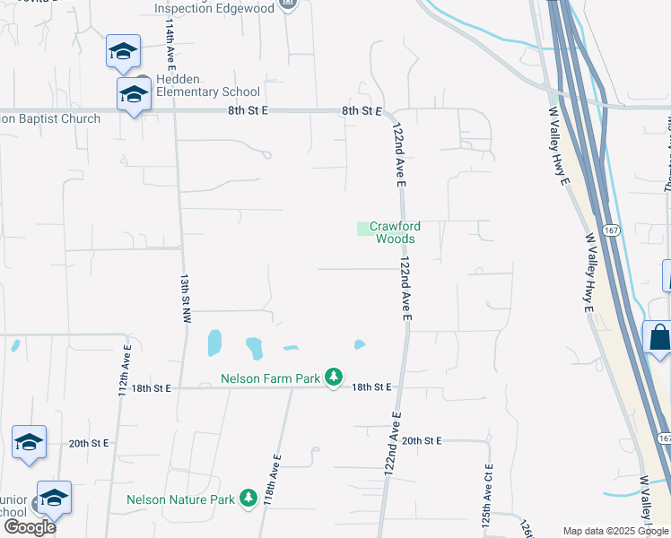 map of restaurants, bars, coffee shops, grocery stores, and more near 11911 13th Street Court East in Edgewood