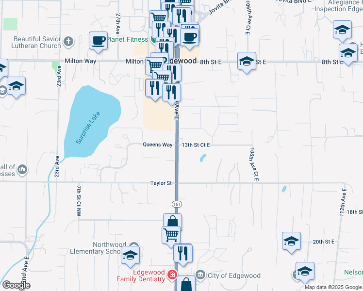 map of restaurants, bars, coffee shops, grocery stores, and more near 1283 Meridian Avenue East in Edgewood