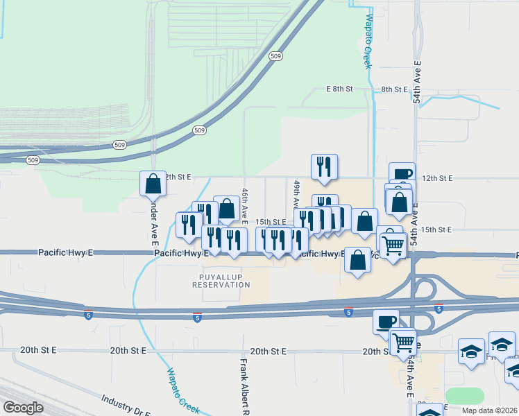 map of restaurants, bars, coffee shops, grocery stores, and more near 1221 46th Avenue East in Fife