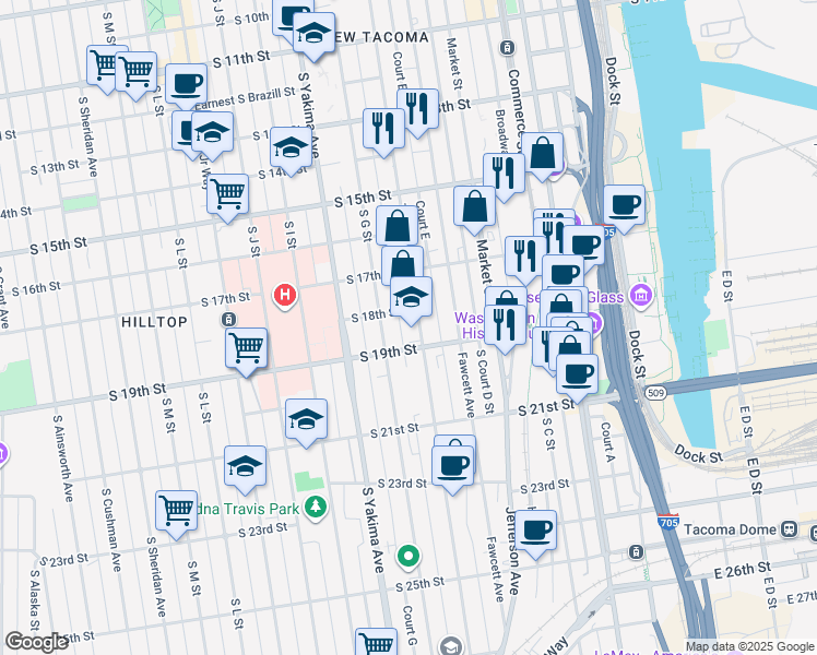 map of restaurants, bars, coffee shops, grocery stores, and more near 611 South 18th Street in Tacoma