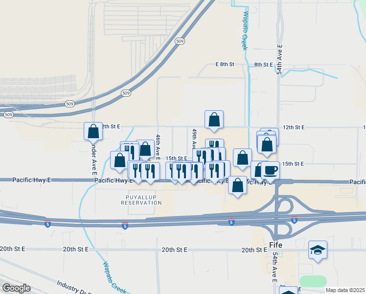 map of restaurants, bars, coffee shops, grocery stores, and more near 1210 Willow Road East in Fife