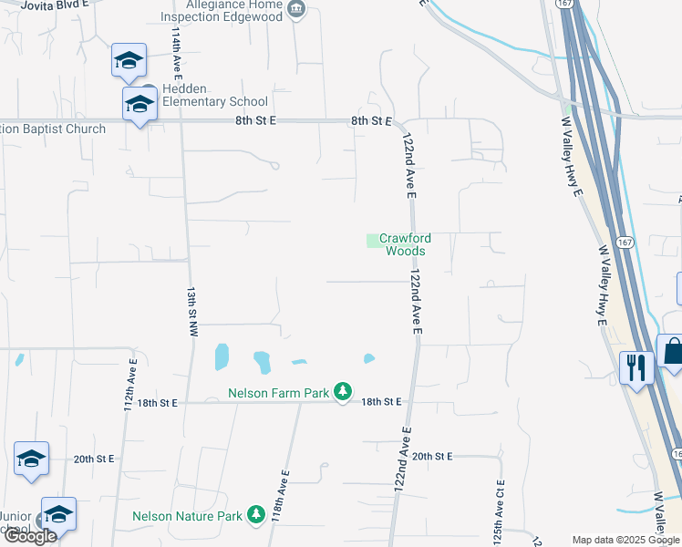 map of restaurants, bars, coffee shops, grocery stores, and more near 11911 13th Street Court East in Edgewood