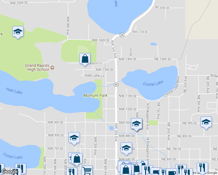 map of restaurants, bars, coffee shops, grocery stores, and more near 1114 Northwest 4th Avenue in Grand Rapids