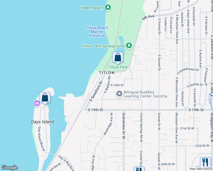 map of restaurants, bars, coffee shops, grocery stores, and more near 1530 South Walters Road in Tacoma