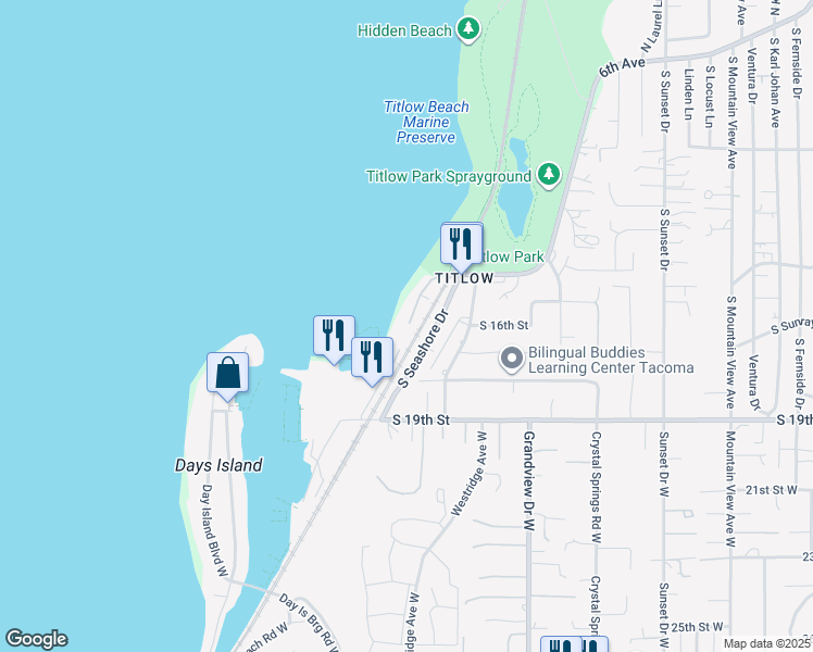 map of restaurants, bars, coffee shops, grocery stores, and more near 1618 South Wilton Road in Tacoma