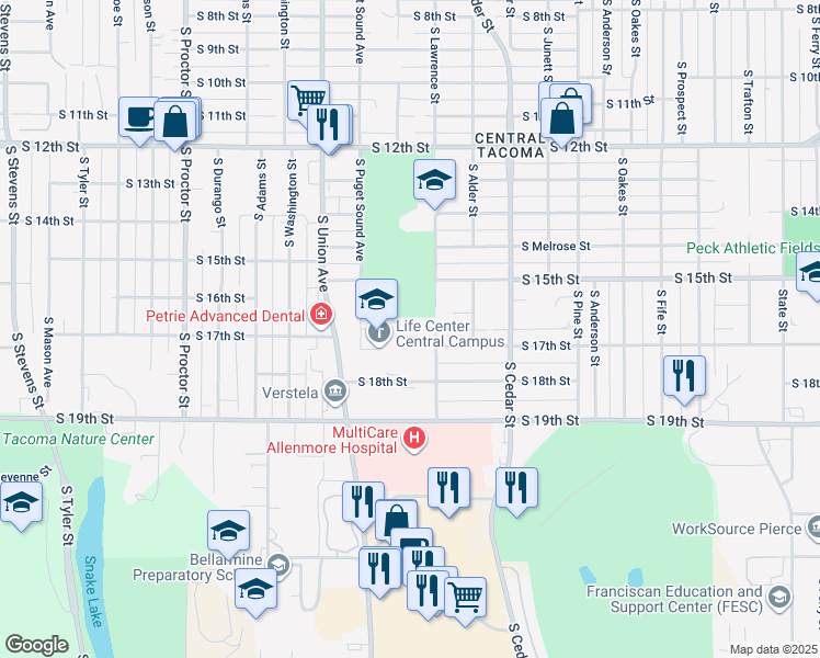 map of restaurants, bars, coffee shops, grocery stores, and more near 1601 South Union Avenue in Tacoma