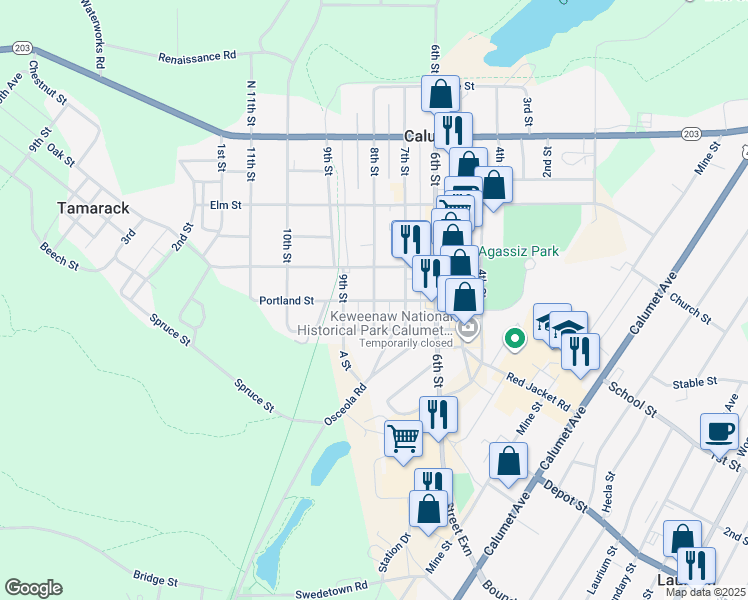 map of restaurants, bars, coffee shops, grocery stores, and more near 201 8th Street in Calumet Township