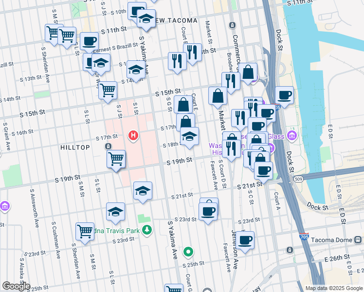 map of restaurants, bars, coffee shops, grocery stores, and more near 611 South 18th Street in Tacoma