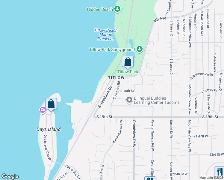 map of restaurants, bars, coffee shops, grocery stores, and more near 1530 South Walters Road in Tacoma
