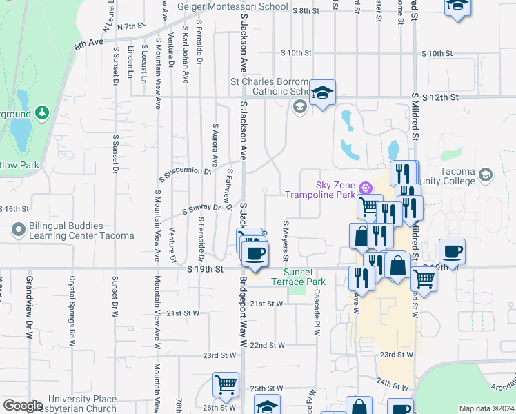 map of restaurants, bars, coffee shops, grocery stores, and more near 1616 South Geiger Street in Tacoma