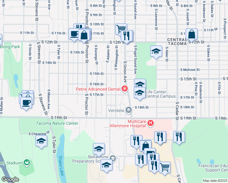 map of restaurants, bars, coffee shops, grocery stores, and more near 1620 South Washington Street in Tacoma