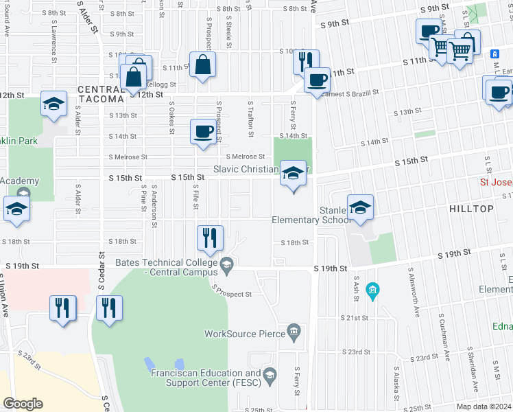 map of restaurants, bars, coffee shops, grocery stores, and more near 1533 South Trafton Street in Tacoma
