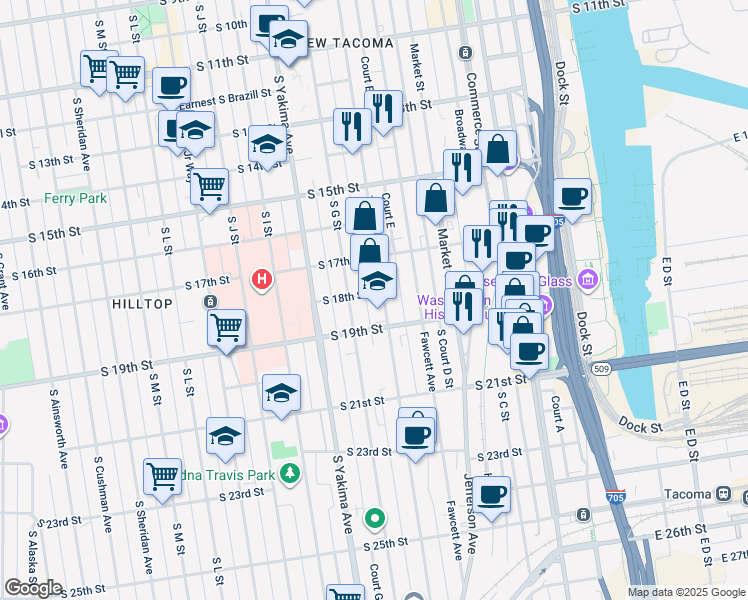 map of restaurants, bars, coffee shops, grocery stores, and more near 611 South 18th Street in Tacoma