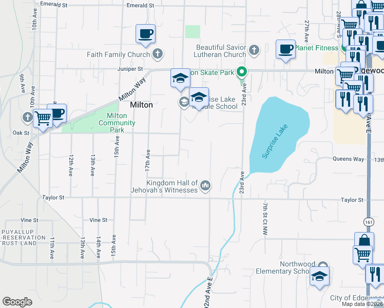 map of restaurants, bars, coffee shops, grocery stores, and more near 1610 19th Avenue Court in Milton