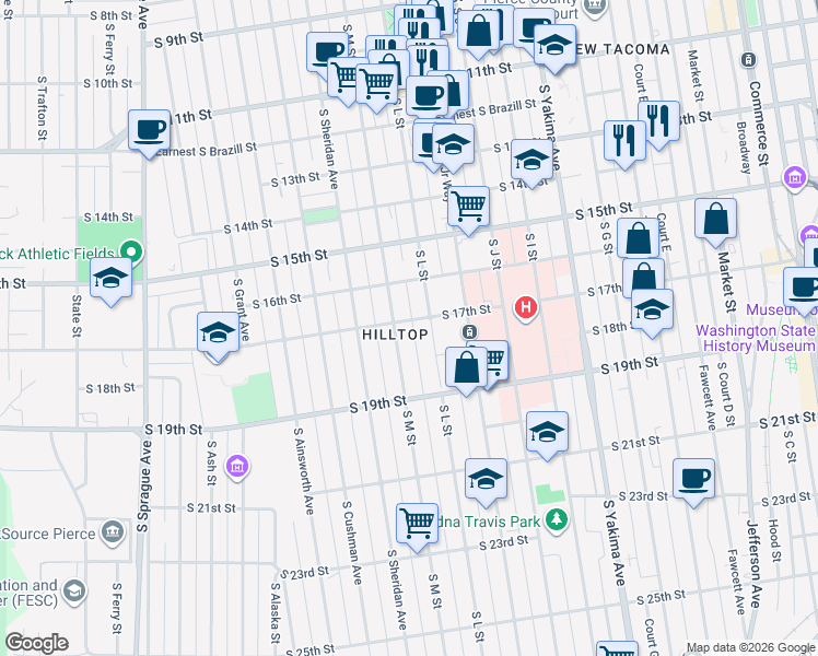 map of restaurants, bars, coffee shops, grocery stores, and more near 1216 South 17th Street in Tacoma