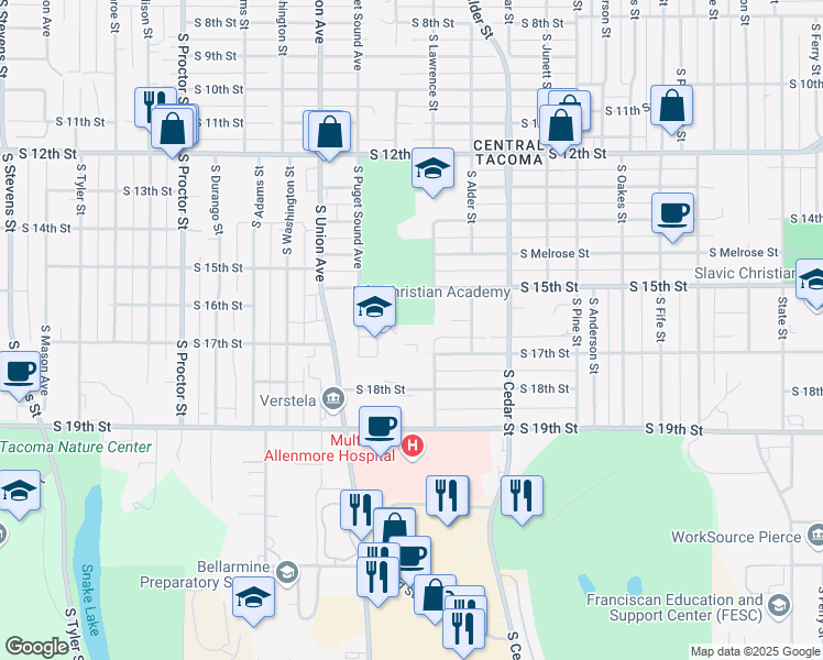 map of restaurants, bars, coffee shops, grocery stores, and more near 1601 South Union Avenue in Tacoma