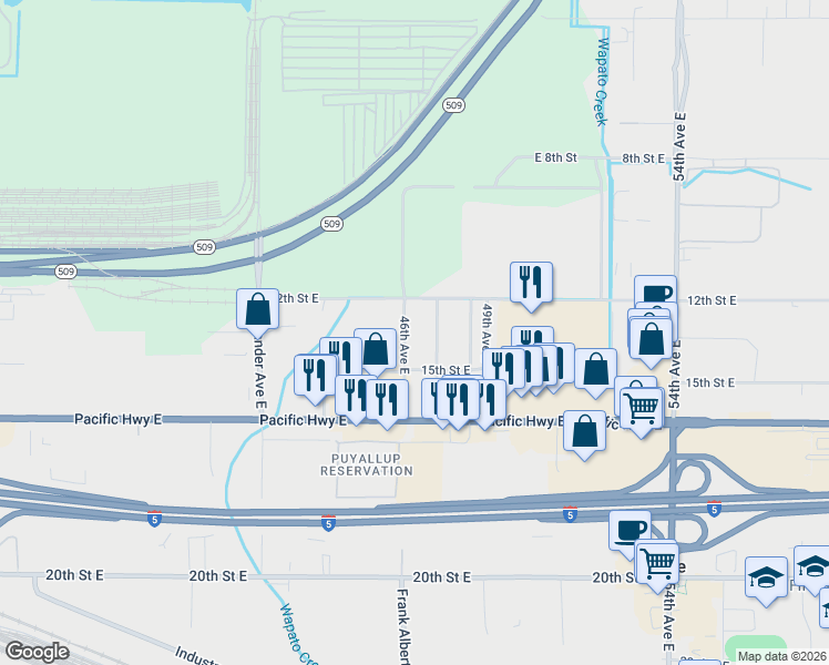 map of restaurants, bars, coffee shops, grocery stores, and more near 1221 46th Avenue East in Fife