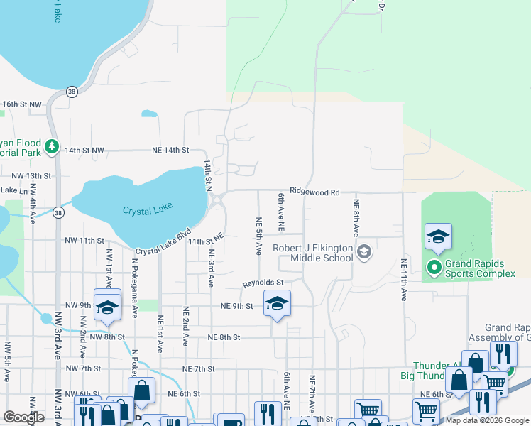 map of restaurants, bars, coffee shops, grocery stores, and more near 1212 Northeast 5th Avenue in Grand Rapids