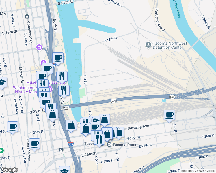 map of restaurants, bars, coffee shops, grocery stores, and more near 440 East 19th Street in Tacoma