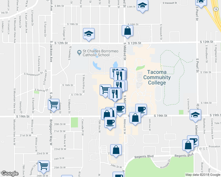 map of restaurants, bars, coffee shops, grocery stores, and more near 1628 South Mildred Street in Tacoma