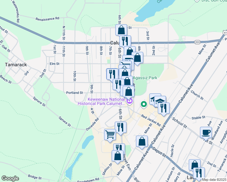 map of restaurants, bars, coffee shops, grocery stores, and more near 200 7th Street in Calumet Township