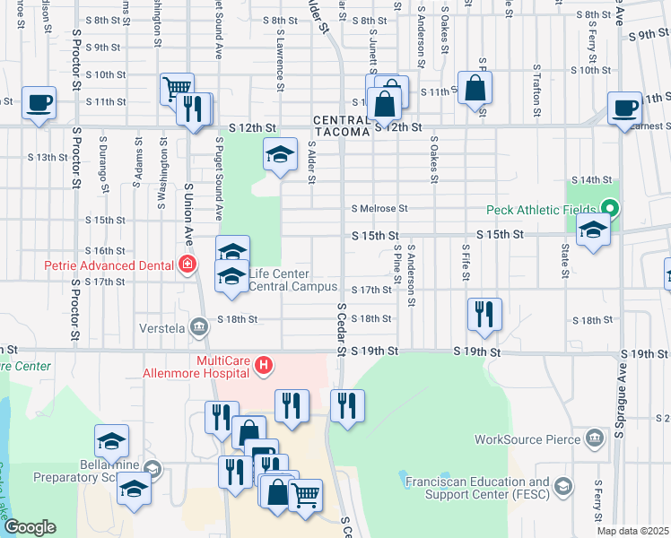 map of restaurants, bars, coffee shops, grocery stores, and more near 1528 South Cedar Street in Tacoma