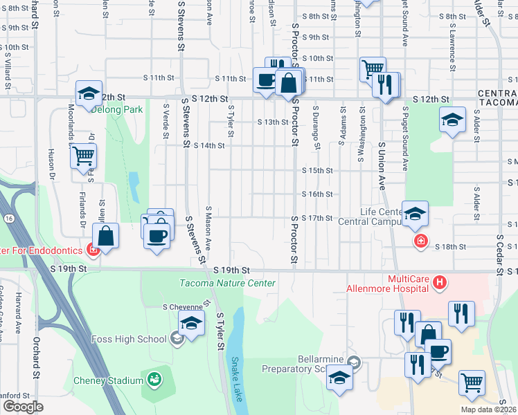 map of restaurants, bars, coffee shops, grocery stores, and more near 1613 South Monroe Street in Tacoma