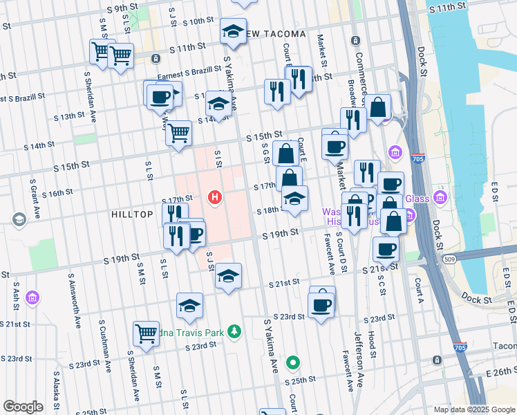 map of restaurants, bars, coffee shops, grocery stores, and more near 1801 Court G in Tacoma