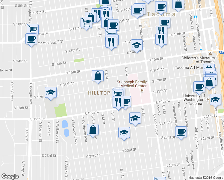 map of restaurants, bars, coffee shops, grocery stores, and more near 1701 South L Street in Tacoma