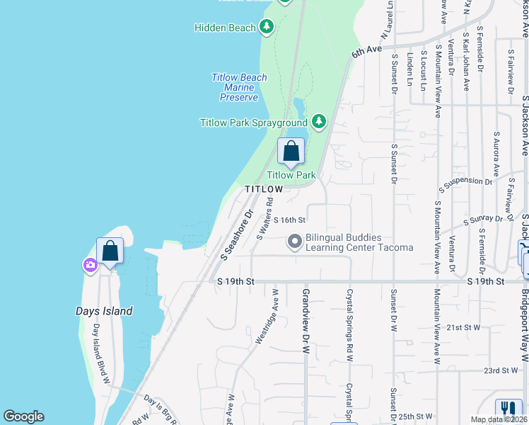map of restaurants, bars, coffee shops, grocery stores, and more near 1530 South Walters Road in Tacoma