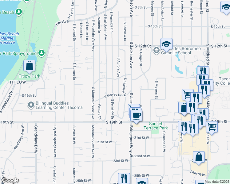 map of restaurants, bars, coffee shops, grocery stores, and more near 1534 South Aurora Avenue in Tacoma