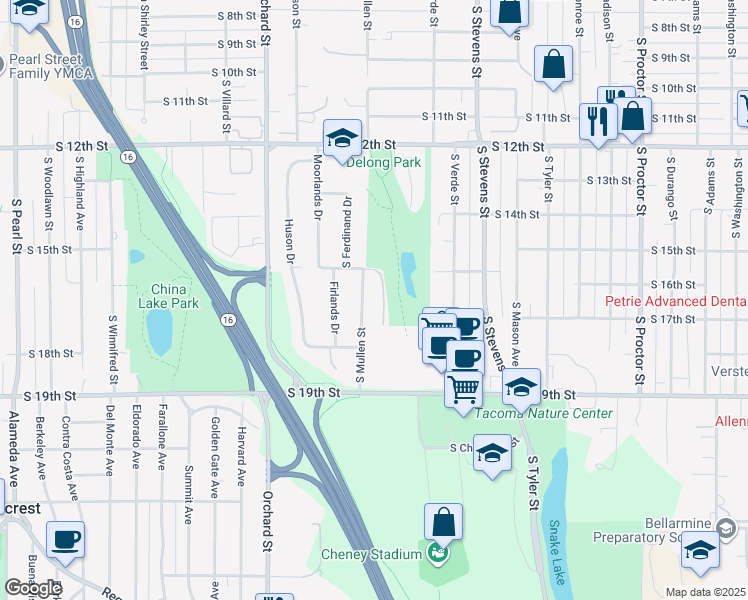 map of restaurants, bars, coffee shops, grocery stores, and more near 1623 South Mullen Street in Tacoma