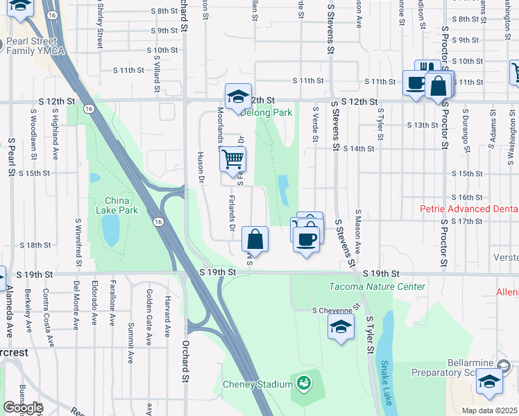 map of restaurants, bars, coffee shops, grocery stores, and more near 1623 South Mullen Street in Tacoma