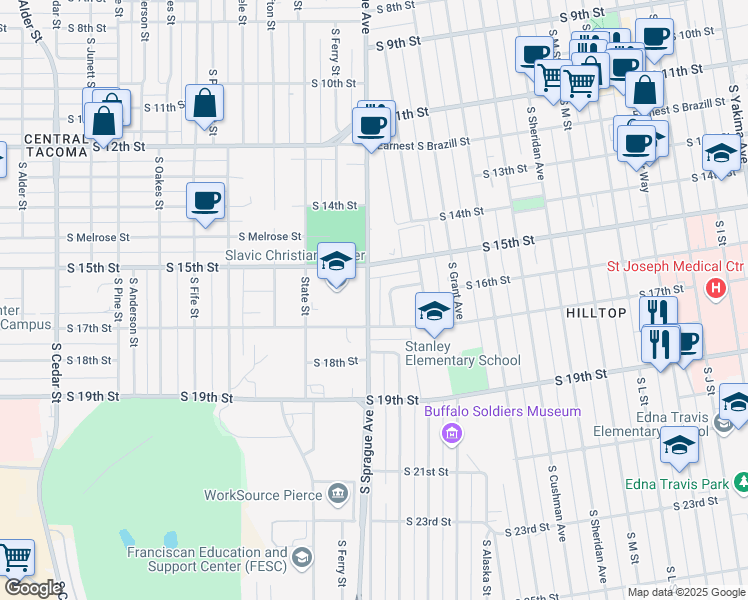 map of restaurants, bars, coffee shops, grocery stores, and more near 1523 South Sprague Avenue in Tacoma
