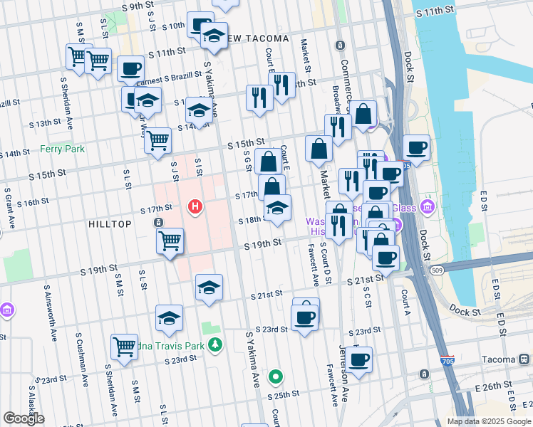 map of restaurants, bars, coffee shops, grocery stores, and more near 611 South 18th Street in Tacoma