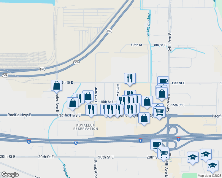 map of restaurants, bars, coffee shops, grocery stores, and more near 1210 Willow Road East in Fife