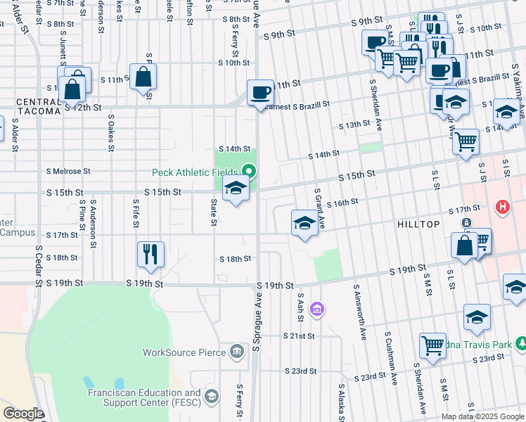 map of restaurants, bars, coffee shops, grocery stores, and more near 1521 South Sprague Avenue in Tacoma