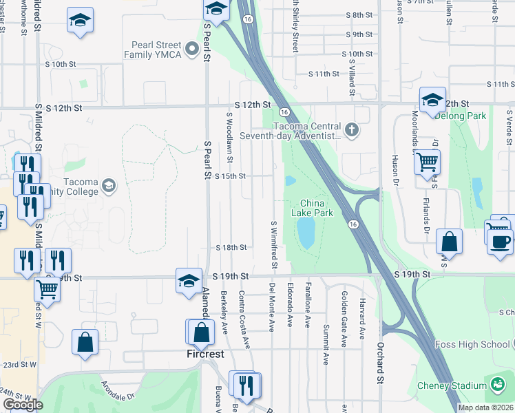 map of restaurants, bars, coffee shops, grocery stores, and more near 1605 South Highland Avenue in Tacoma