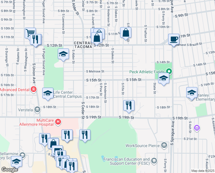 map of restaurants, bars, coffee shops, grocery stores, and more near 1528 South Oakes Street in Tacoma