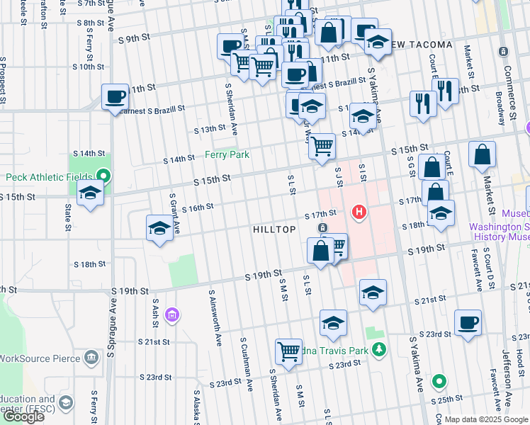 map of restaurants, bars, coffee shops, grocery stores, and more near 1315 South 17th Street in Tacoma