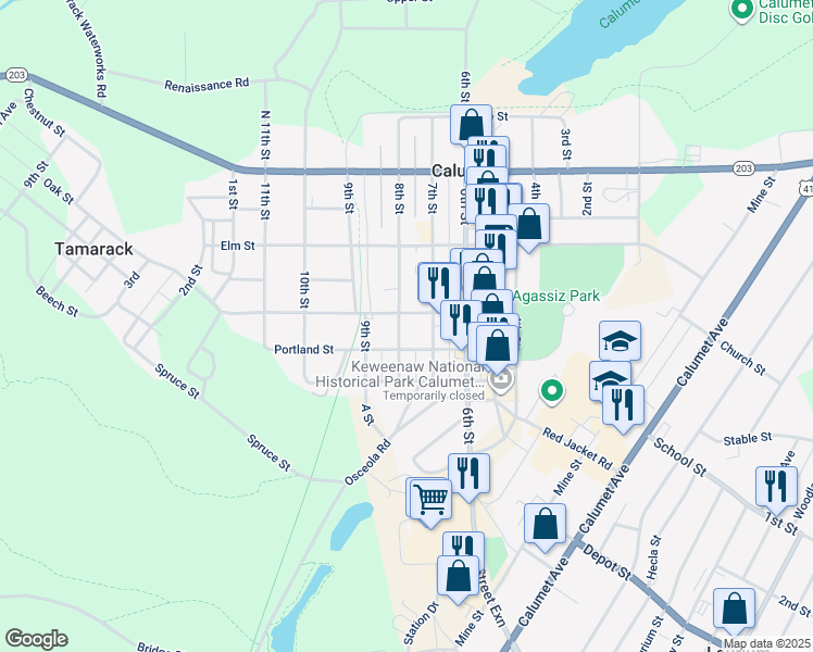 map of restaurants, bars, coffee shops, grocery stores, and more near 201-299 8th Street in Calumet Township