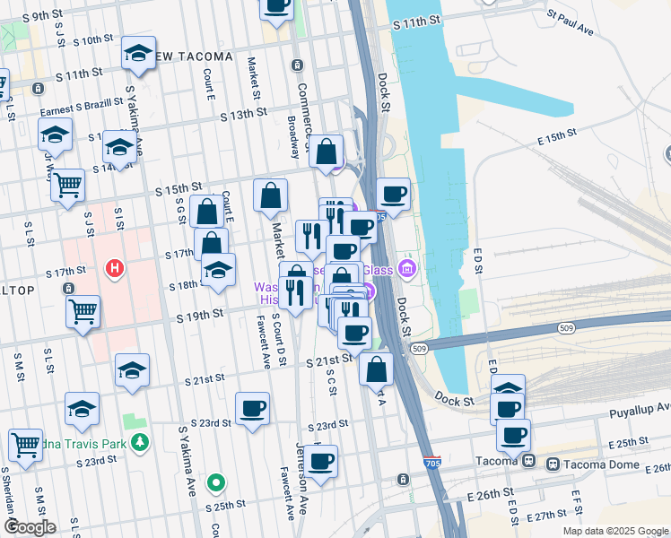 map of restaurants, bars, coffee shops, grocery stores, and more near 1902 Commerce Street in Tacoma