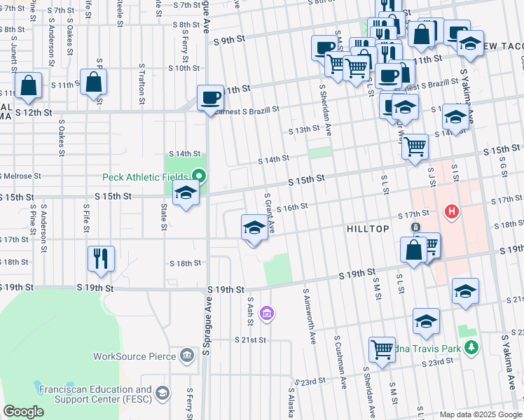 map of restaurants, bars, coffee shops, grocery stores, and more near 1537 South Ridgewood Avenue in Tacoma