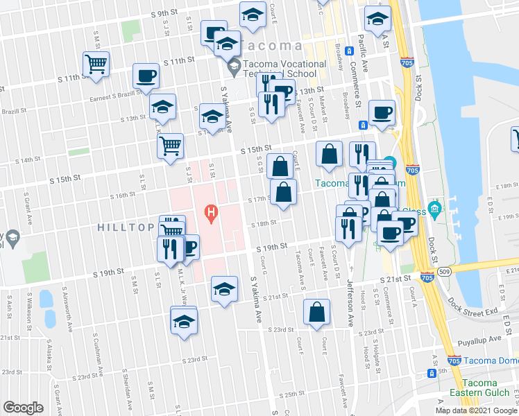 map of restaurants, bars, coffee shops, grocery stores, and more near 1712 South G Street in Tacoma