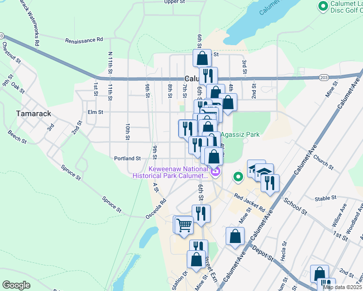 map of restaurants, bars, coffee shops, grocery stores, and more near 200-262 7th Street in Calumet Township
