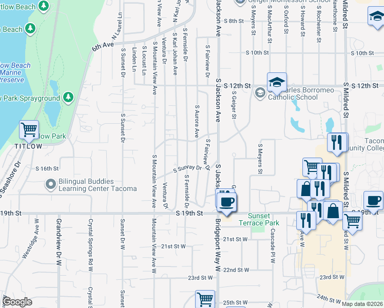 map of restaurants, bars, coffee shops, grocery stores, and more near 1534 South Aurora Avenue in Tacoma