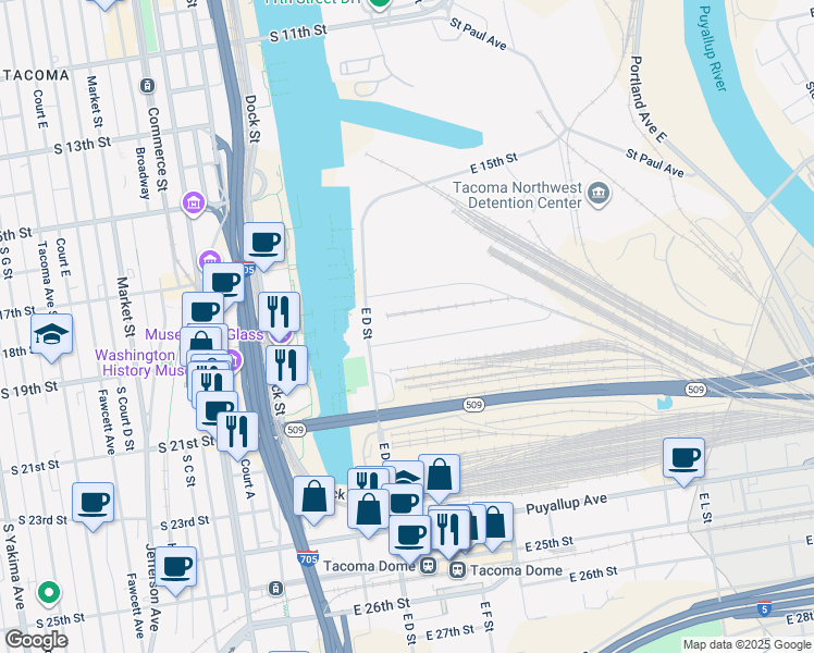 map of restaurants, bars, coffee shops, grocery stores, and more near 440 East 19th Street in Tacoma