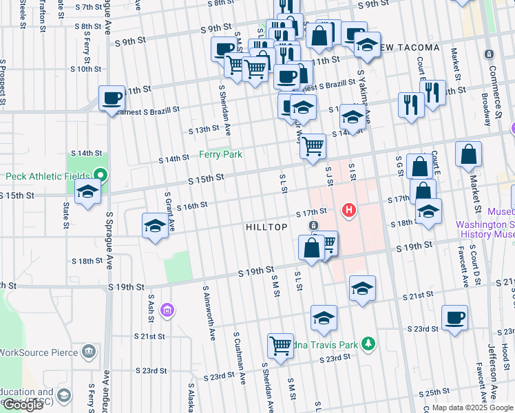 map of restaurants, bars, coffee shops, grocery stores, and more near 1315 South 17th Street in Tacoma