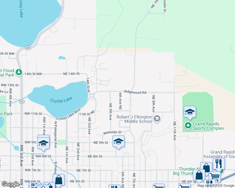 map of restaurants, bars, coffee shops, grocery stores, and more near 1212 Northeast 5th Avenue in Grand Rapids