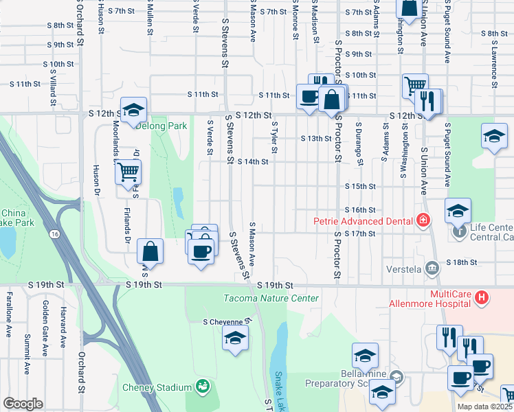 map of restaurants, bars, coffee shops, grocery stores, and more near 1626 South Mason Avenue in Tacoma